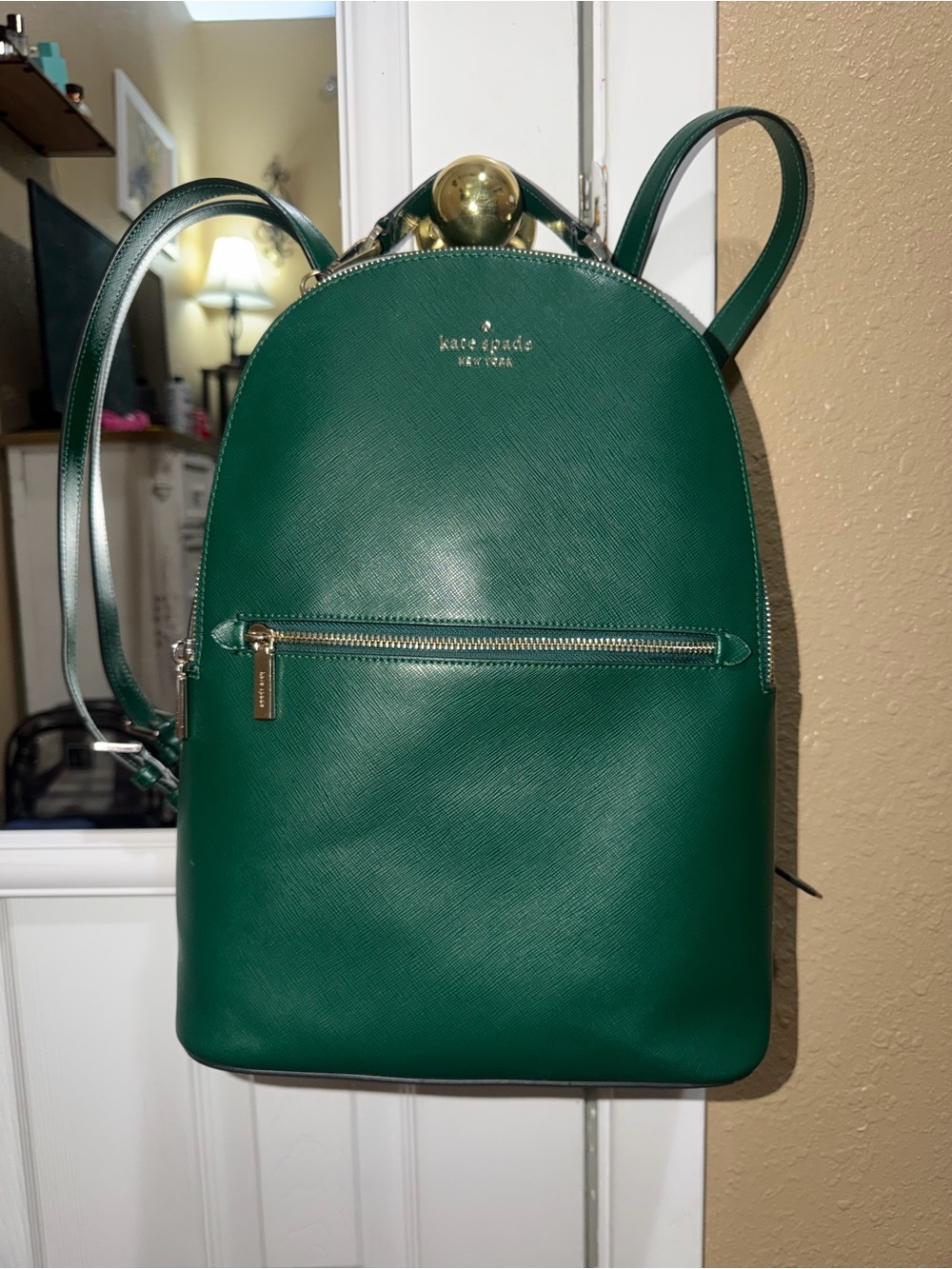 kate spade Emerald Green Saffiano Leather Backpack with Gold Hardware